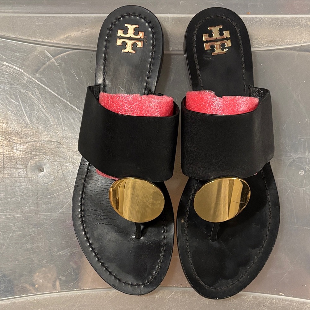 Tory Burch Black Sandals with Gold Accent